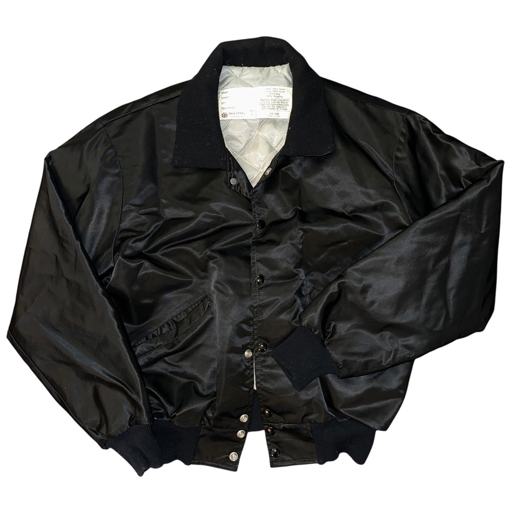 Vintage DeLONG Sportswear Black Satin Bomber Jacket Tuck n Roll Upholstery USA L